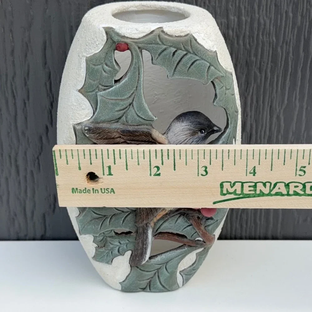 Vintage Chickadee Bird Ceramic Vase Holly Berry Cut Out Nature Decor 6.5